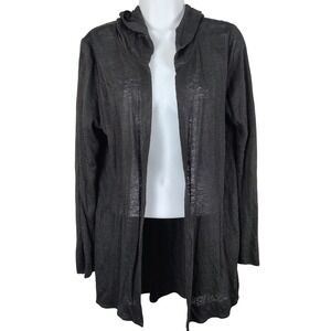 Tahari  M Black Linen Hooded Open Front Lightweight Cardigan goth witchy vamp